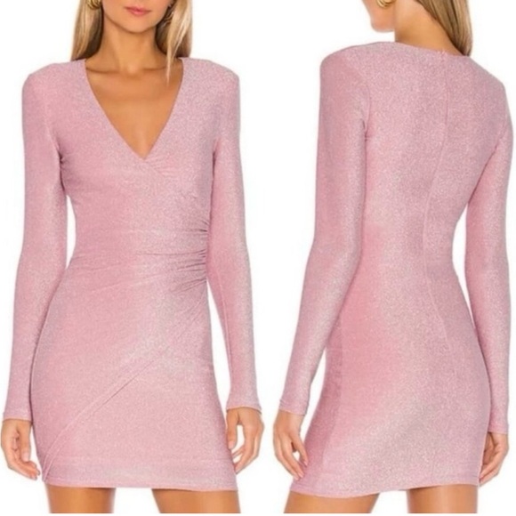 Superdown Laurie Wrap Mini Dress Ruched Long Sleeve Bodycon Pink Sparkle Small - Picture 1 of 10